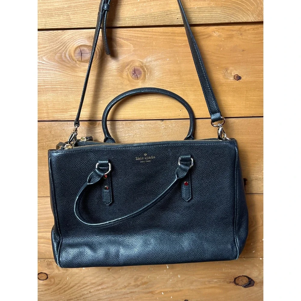 Kate Spade New York Black Leather Satchel Bag Gold Hardware‎ Shoulder Strap Chic